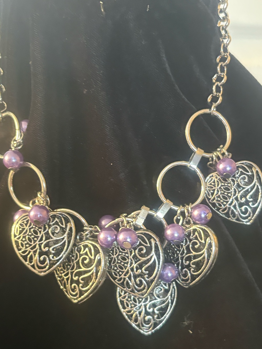 Silver Filigree Heart Pendant Necklace with Purple Beads